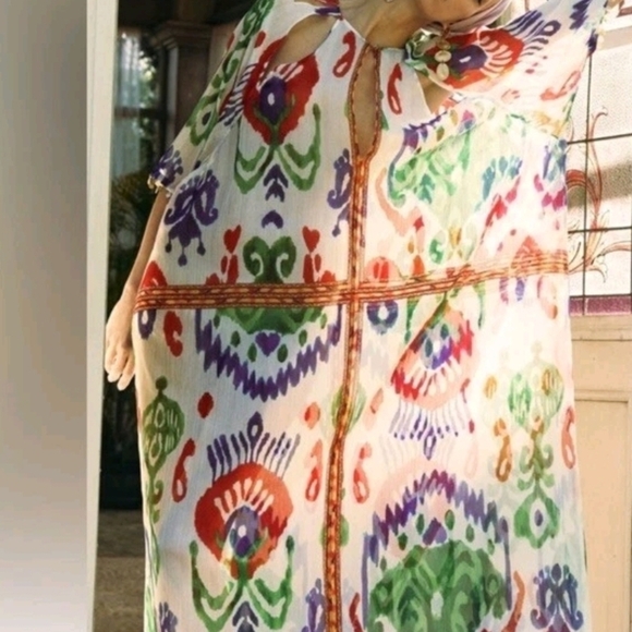 Zara Long Beaded Print Kimono Kaftan Sheer Colorful Beach Coverup Xs - Picture 3 of 9